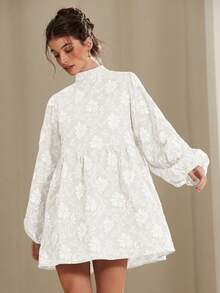 Revavyn Falda mini acampanada con mangas de linterna y textura floral elegante para mujer, otoño - Blanco - Ver 5