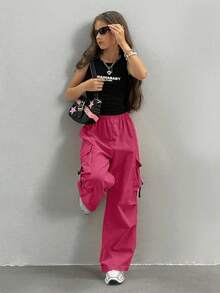 Sparklyn Tween 女童休闲松紧腰多口袋工装裤 - 玫紅色 - 查看 3