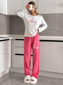 EURMUSE Women 2 Pcs Contrast Colour Lettered Printed Long Sleeve Top&Sloid Colour With Lettered Detail Pants Homewear Set - Multicolor - View 6