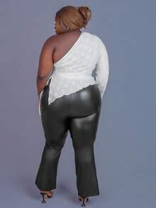 CurvyTilda Plus Size Women Embroidered Ruched Asymmetric Hem Casual Top/Autumn /Winter - Apricot - View 2