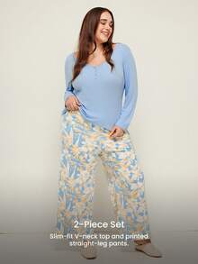 LUVLETTE Autumn And Winter Women Plus Purple Soft Cotton Basic Long T-Shirt & Patterned Pants Loungewear Pajama Set For Women Pants With Pockets Lingerie As Outerwear Lounge Sets Fall Pajamas - Blue - View 7