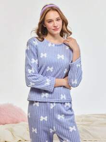 Bonmuse 2件套女款加厚蓬鬆睡衣套裝，簡約時尚蝴蝶結裝飾家居服，長袖上衣與長褲，秋冬款，秋季服飾 - 藍色 - 查看 7