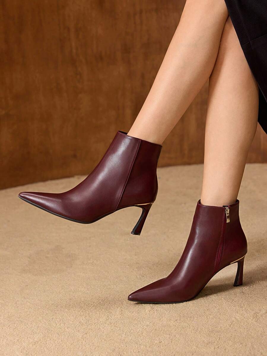 MOTF PREMIUM NUEVAS BOTAS DE TACÓN DE GATITO ELEGANTES PARA MUJER, BOTAS DE TOBILLO DE TUBO RECTO DE TACÓN ALTO DELGADO - Burdeos - Ver 1