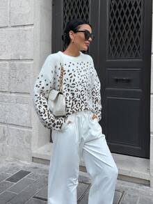 EURMUSE Moher Yarn Pullover Leopard Pattern Pullover Fall Winter - Brown - View 4