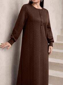 Modelyn Plus Size Women Casual Textured Fabric Round Neck Loose Long Sweatshirt, Green, Autumn/Winter - Coffee Brown - View 3