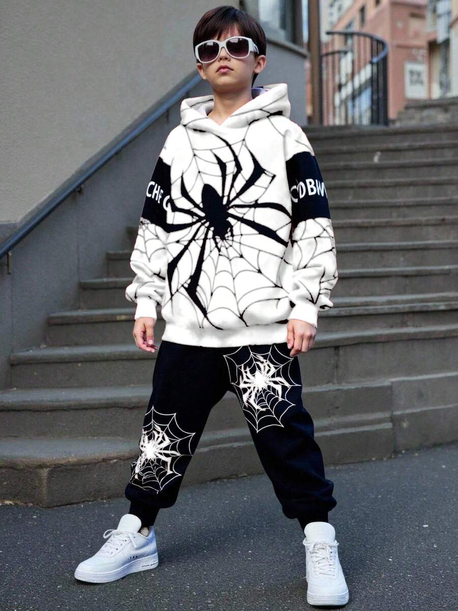两件套青少年男童休闲舒适秋季新款街头风蜘蛛侠和超级英雄图案长袖连帽卫衣套装，适合秋冬季穿着 - 彩色 - 查看 1