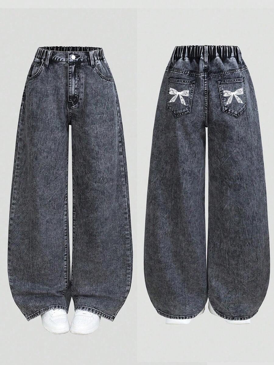 SHEIN Sparklyn 青少年女孩百搭休闲百搭石洗松紧腰阔腿宽松牛仔裤