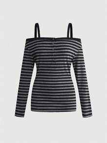 ROMWE Goth Y2K Sexy Off-Shoulder Striped Women Top - Black - View 1