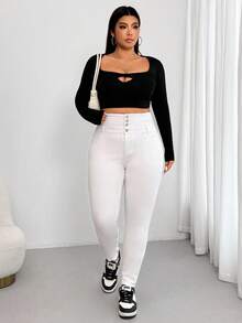 Enliva Obviously_ebony Plus Size Solid Color Front Button Pocket Simple Design Jeans, Casual Daily Wear, For Apple Rounded Body Shape - White - View 5