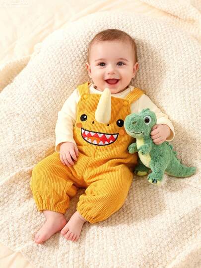 SHEIN 新生儿灯芯绒连体衣、长裤、长袖T恤、可爱3D龙形帽子，三件套