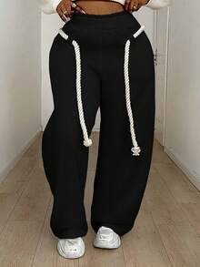 Maweii Quần nỉ ống rộng cạp chun co giãn cỡ lớn cho nữ - màu đen - Xem 1