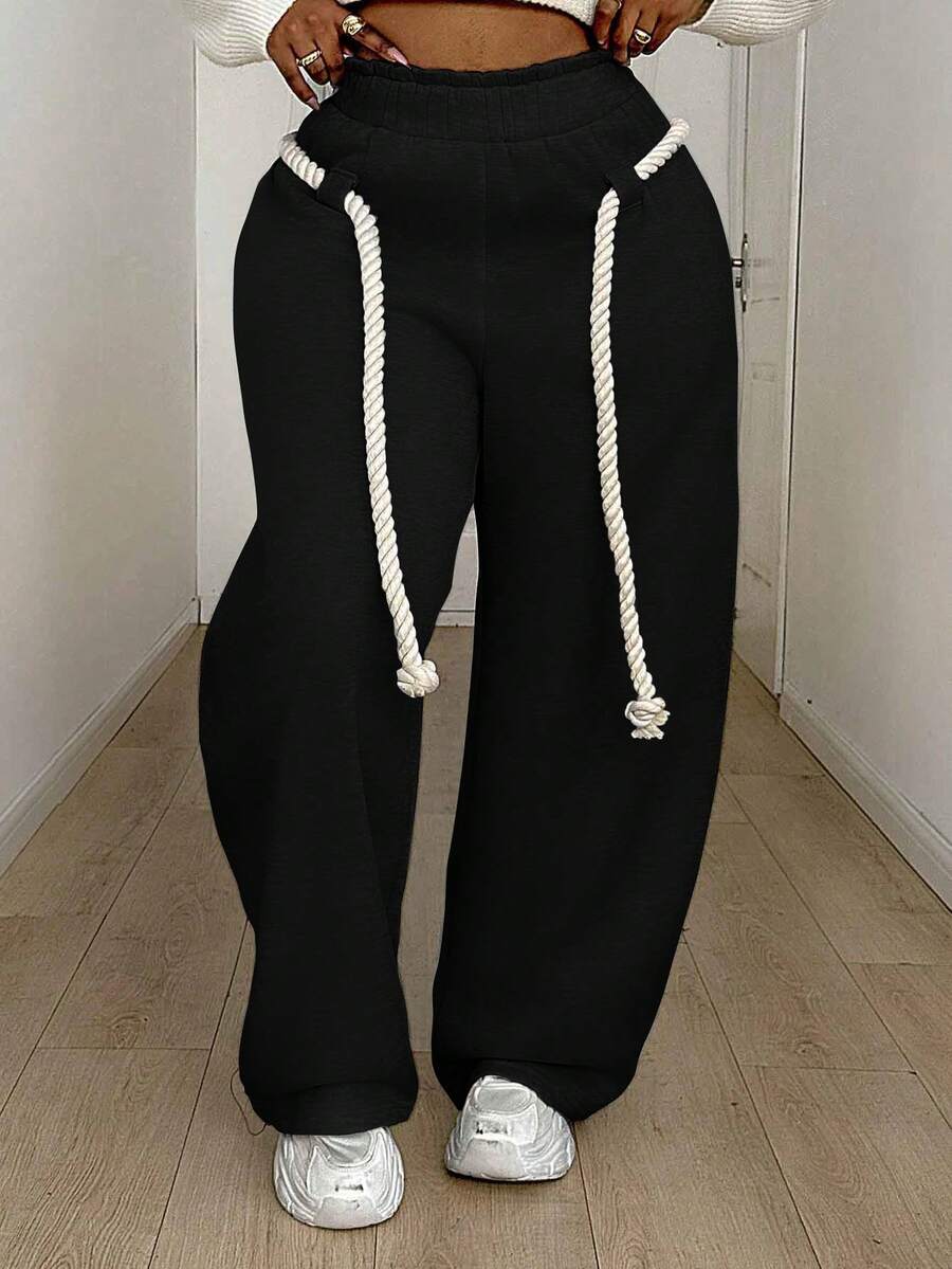 Maweii Quần nỉ ống rộng cạp chun co giãn cỡ lớn cho nữ - màu đen - Xem 1