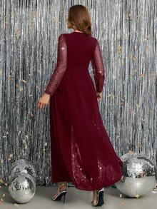 Ellevyn Plus Size Women's Elegant V-Neck Patchwork Sheer Mesh Long Sleeve Rhinestone Decor Cinched Waist Overlay Jumpsuit