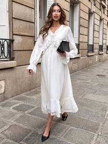 Pariaura Autumn New Arrival: French Elegant White Chiffon Dress With Layered Ruffles, V-Neck Tie Detail, Waist-Defining Silhouette, Long Sleeves With Flared Cuffs– A Long-Length Fairy Dress Exuding Timeless Grace White Elegant Dress Long Sleeve White Dress Boho White Dress White Silk Dress French Style Dress - White - View 4