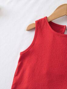 Elladie kids 两件套女童纹理面料撞色下摆无袖上衣和休闲短裤套装 - 紅色 - 查看 3