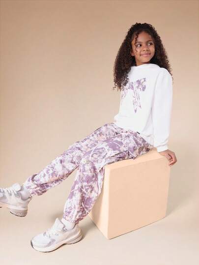  SUMWON Tween Floral Print Hoodie And Jogger Co-Ord Set Without Drawstring Hood Centre Pocket Elastic Waist Casual Relaxed Fit Purple White Two Piece Outfit Vacation