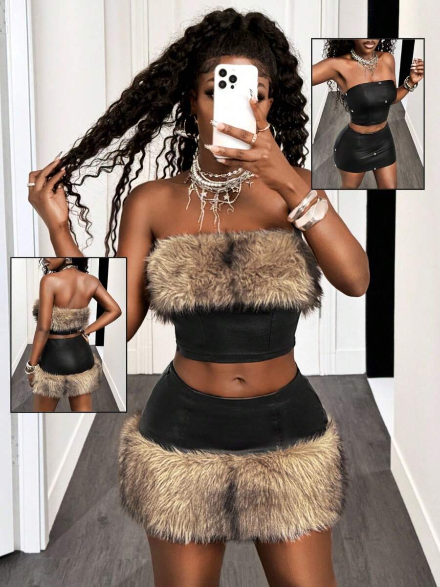 BamGleam 2pcs/Set Plush Patchwork Leather Crop Top And Mini Skirt - Black - View 1