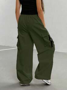 Sparklyn 少女纯色松紧腰宽松休闲工装裤 - 軍綠色 - 查看 2