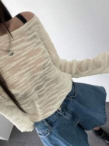 DAZY 女款性感透視針織毛衣，寬鬆版型圓領長袖上衣，校園風 - 白色 - 查看 7
