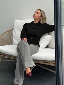 Jeta Ari Short Slim Front Button Solid Color Long Sleeve Simple Casual Knit Cardigan, Sweater,Short Women's Sweater,Women's Sweaters,Knit Sweaters,Winter Women's Clothing,Fall Women's Clothing,FW24,Tops For School - Black - View 4