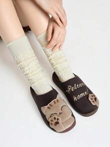 ROMWE Kawaii 秋冬卡通刺绣毛绒拖鞋，可爱招财猫图案，温暖室内一脚蹬拖鞋，棕色 - 彩色 - 查看 6