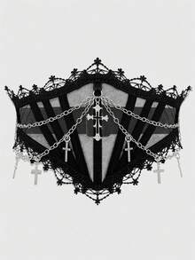 ROMWE Grunge Punk 1件装女士黑色网纱蕾丝水钻吊坠系带装饰弹力腰带束身衣连衣裙配饰，哥特风格万圣节服装 - 黑色鏈條十字架腰封 - 查看 6