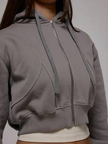 MUSERA 水洗缝线细节短款拉链连帽衫，秋冬街头风，酷女孩Y2K日常休闲风，复古棕褐色 - 灰色 - 查看 6