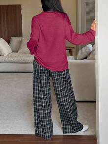 DAZY Conjunto de pijama de 2 piezas con pantalón de cuadros de manga larga holgado y cómodo para mujer - Rosa Fucsia - Ver 2