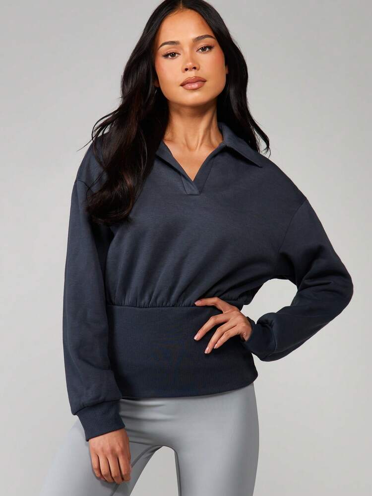 MISSGUIDED Navy Cinched Waist Collared Long Sleeve Sweatshirt With Ribbed Hem And Cuffs For Fall Winter Casual Wear