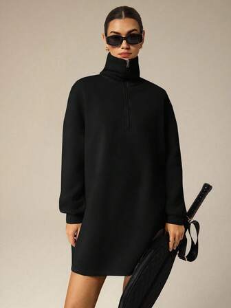 Hanevo 秋冬新款休闲街头极简通勤懒人返校高领拉链半开衩套头长袖H型宽松卫衣&女士短裤套装