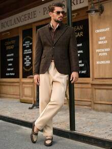 HIMLAND Men's Fashionable Casual Plaid Print Single-Breasted Suit Blazer, Wedding Dress Blazer Brown Fall