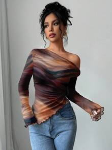 Firerie Casual Vintage Elegant Commuting Versatile Abstract Warm-Toned Sunset Print Pattern, Comfortable & Warm Suitable For Autumn/Winter, Asymmetrical Frill Trim, Flared Sleeves, Shoulder Pleats, Slim Fit Women Long Sleeve T-Shirt,Graphic Tees - Multicolor - View 4