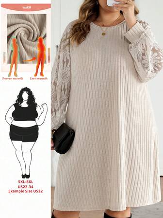 SHEIN CURVE+ Plusstorlek Dam Casual Enfärgad Stickad Ribbad Kontrast Spets Långärmad Klänning, Höst/Vinter