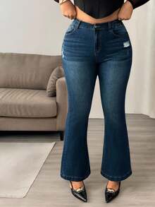 Hourglow Plus Size Women Casual Commuter Street Distressed Flare Jeans/Autumn /Winter - Blue - View 16