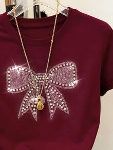Resyla Bow Rhinestone Decor Casual Women's Short Sleeve Round Neck T-Shirt, Gift For Friends - Burgundy - View 3
