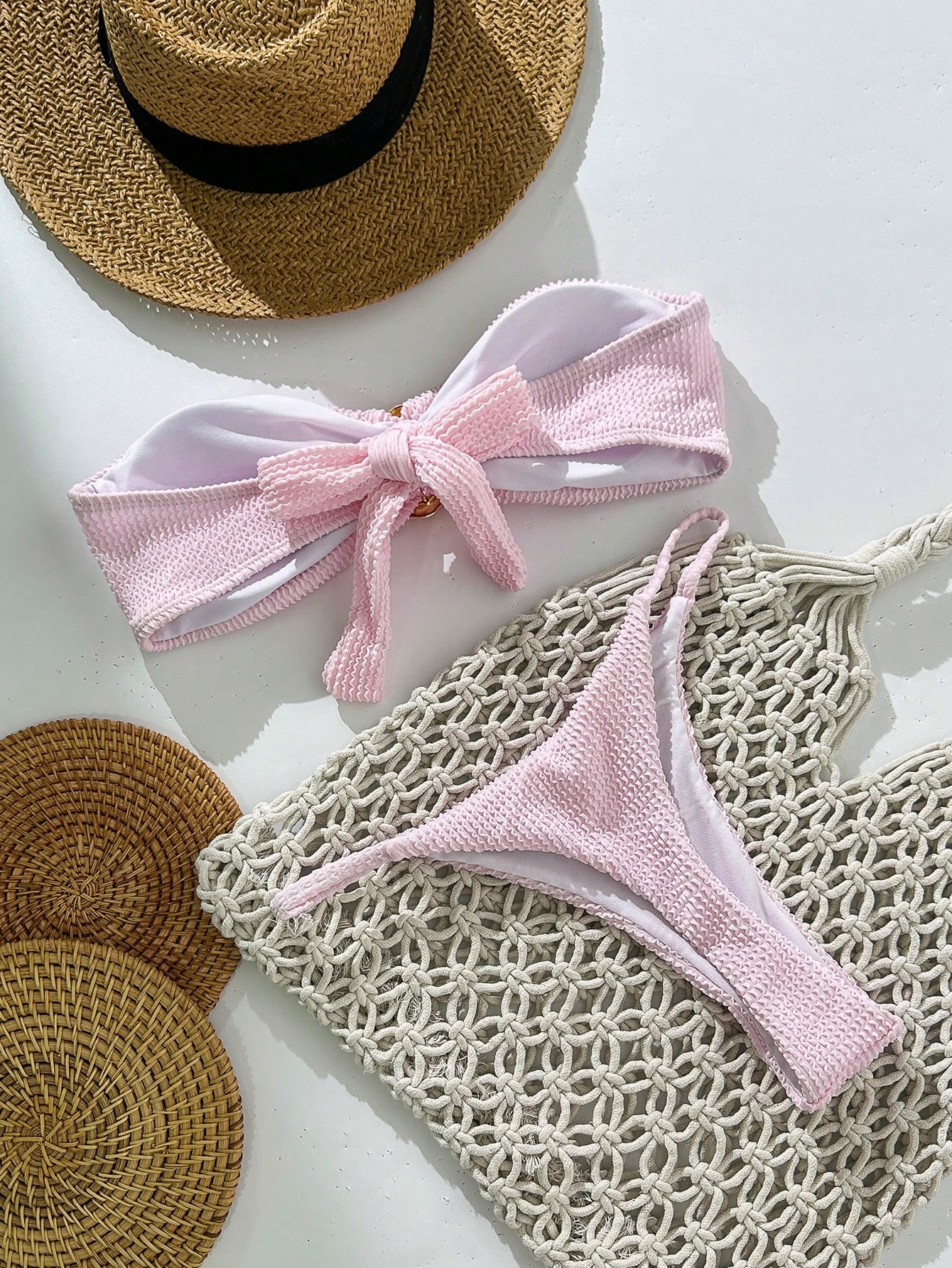 Swim Chiccia Conjunto de Maiô Bikini Sexy com Decor Metálico, Tecido Jacquard de Cor Sólida, Tomara que Caia, Roupas de Praia de Verão para Mulheres - Rosa chiclete - Visão 2