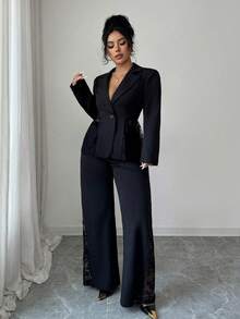 Elenzga Completo elegante da donna composto da blazer monopetto con inserti in pizzo e pantaloni, stile casual, adatto per l'ufficio e il tempo libero, in stile francese vintage, 2 pezzi, autunno/inverno - nero - Visualizzare 3