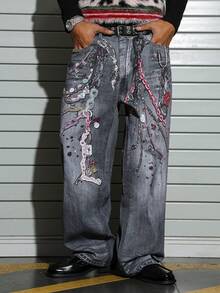 Manfinity EMRG Men's Fashion Street 3D Digital Print Straight Leg Jeans - Black - View 4