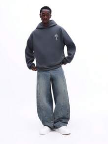 SUMWON Men's Washed Hoodie With Rhinestone Cross Design Regular Fit Long Sleeve Pullover Sweatshirt Urban Fashion Winter Fall - Grey - View 3