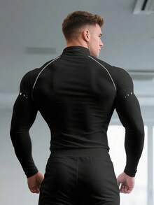 GymBeat Men's Barbell Print Raglan Long Sleeve Sports T-Shirt Rash Guard Men Workout Clothes Men Gym Wear Men Compression Shirts Turtle Neck Compression Shirt Compression Shirt Men - Black - View 2