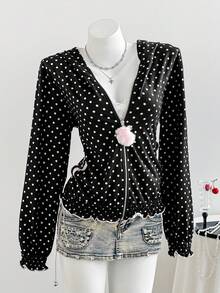 Comfortcana Women's Polka Dot Fuzzy Ball Decor Zipper Sweatshirt, Versatile For Daily Commute, Autumn/Winter - Black - View 4