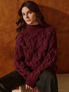 Anewsta Women's Elegant Loose Slouchy Textured Burgundy Knit Sweater, Suitable For Christmas Party And Thanksgiving - Burgundy - View 1