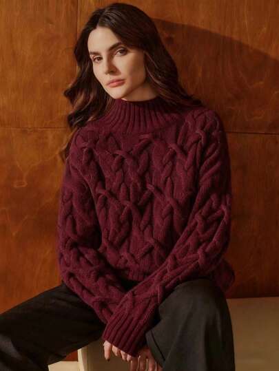 Anewsta Women's Elegant Loose Slouchy Textured Burgundy Knit Sweater, Suitable For Christmas Party And Thanksgiving