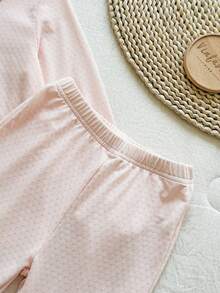 Vintaside Kids 2pcs/Set Girls Diamond Textured Knit Jacquard Long Sleeve Top + Flare Pants, Spring/Autumn - Baby Pink - View 6