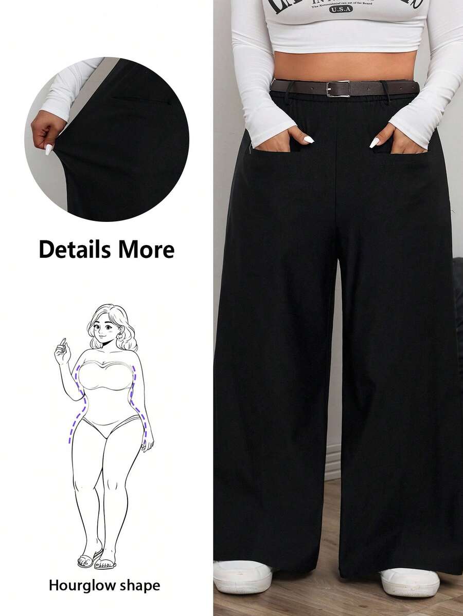 Hourglow Dollyholly86 Damen Loose Fit Gerade Bein Lässig Hose in Unifarbe für Sanduhrfigur, Große Größen - Schwarz - Übersicht 1