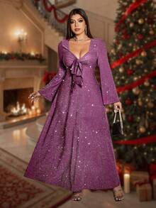 Roveilla 大码女式法式休闲优雅金属丝长袖连衣裙，派对 - 中紫紅色 - 查看 8