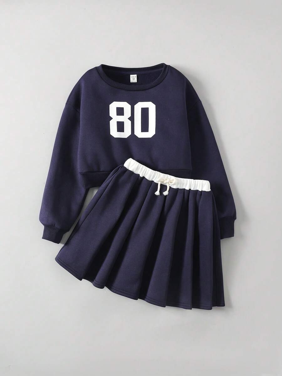Ontre 2件套青少年女孩数字印花圆领运动衫和百褶裙套装 - 藏蓝色 - 查看 1