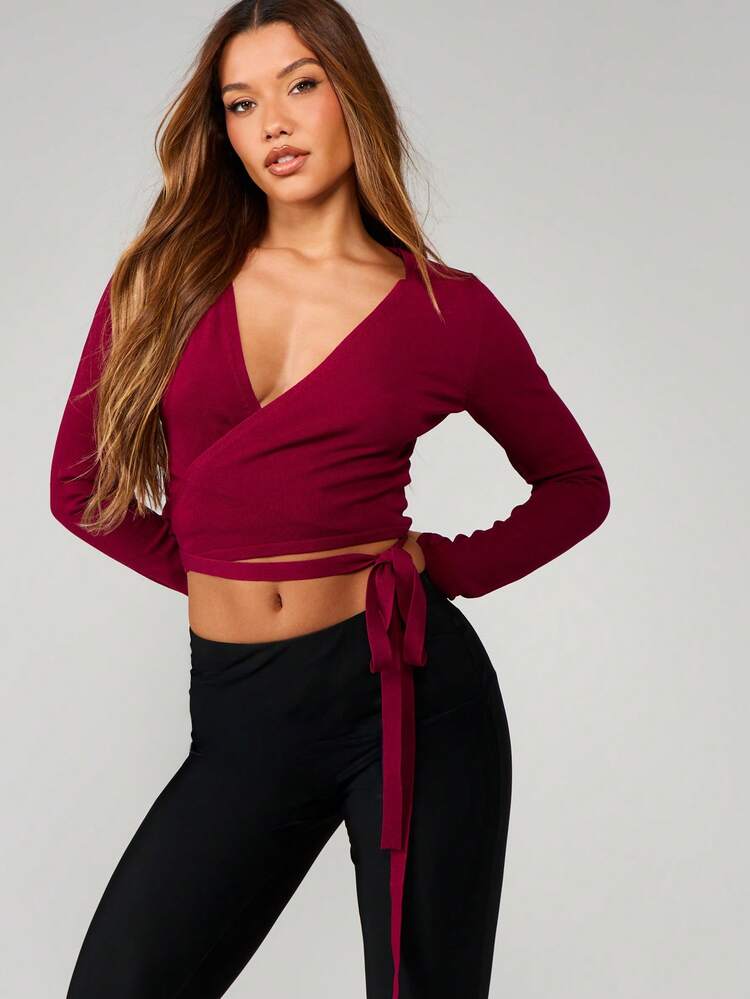 MISSGUIDED Lightweight Ribbed Wrap Cardigan Long Sleeve Cropped V-Neck Tie Waist Knit Sweater Fall Winter Layering Top