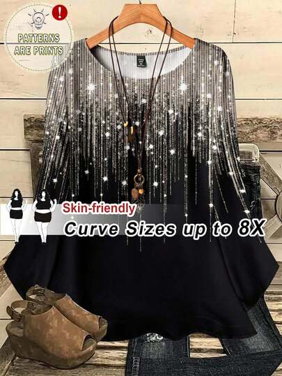 SHEIN CURVE+ Camisa casual de vacaciones con estampado de brillo, talla grande, otoño