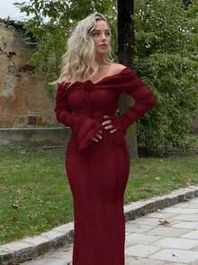 Jeta Ari Trang phục Tea Break ngọt ngào và thanh lịch Đầm maxi trễ vai tay dài Trang phục hẹn hò Đầm hoa 3D - Màu Đỏ Sâu - Xem 1